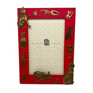 House This Home Accessories Red 4 x 6 Photo Picture Frame with Gold Metal Cats